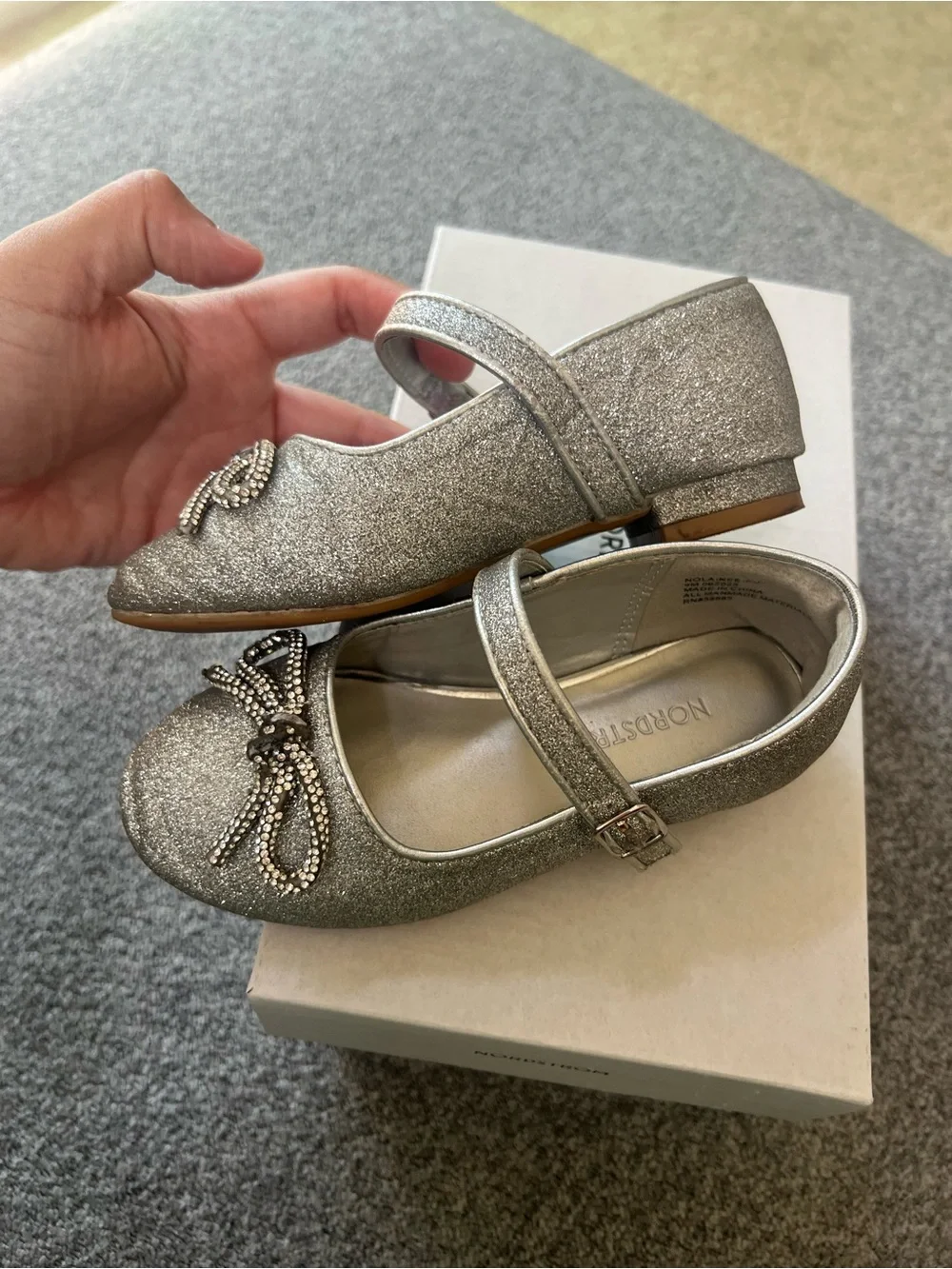 Nordstrom Silver Glitter Mary Jane Shoes with Crystal Bow